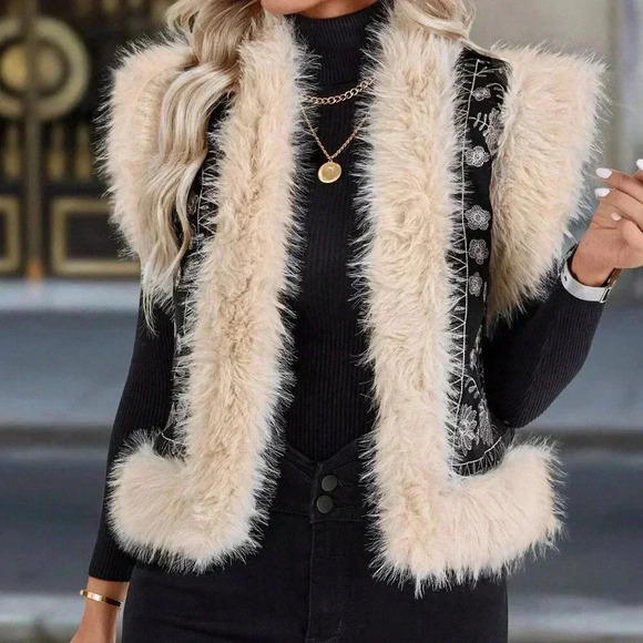 Black Casual Women's Floral Embroidered Plush Spliced Sleeveless Jacket - Picture 5 of 6